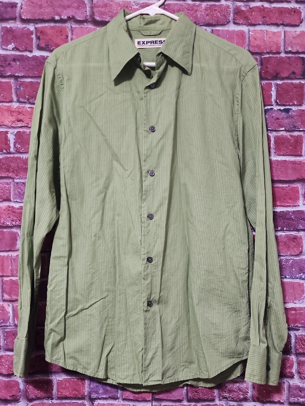 Express Men's Olive Green Striped Long Sleeve Dress Shirt Size M